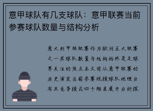 意甲球队有几支球队：意甲联赛当前参赛球队数量与结构分析