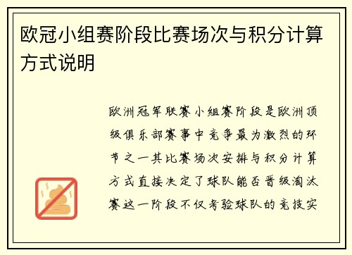 欧冠小组赛阶段比赛场次与积分计算方式说明
